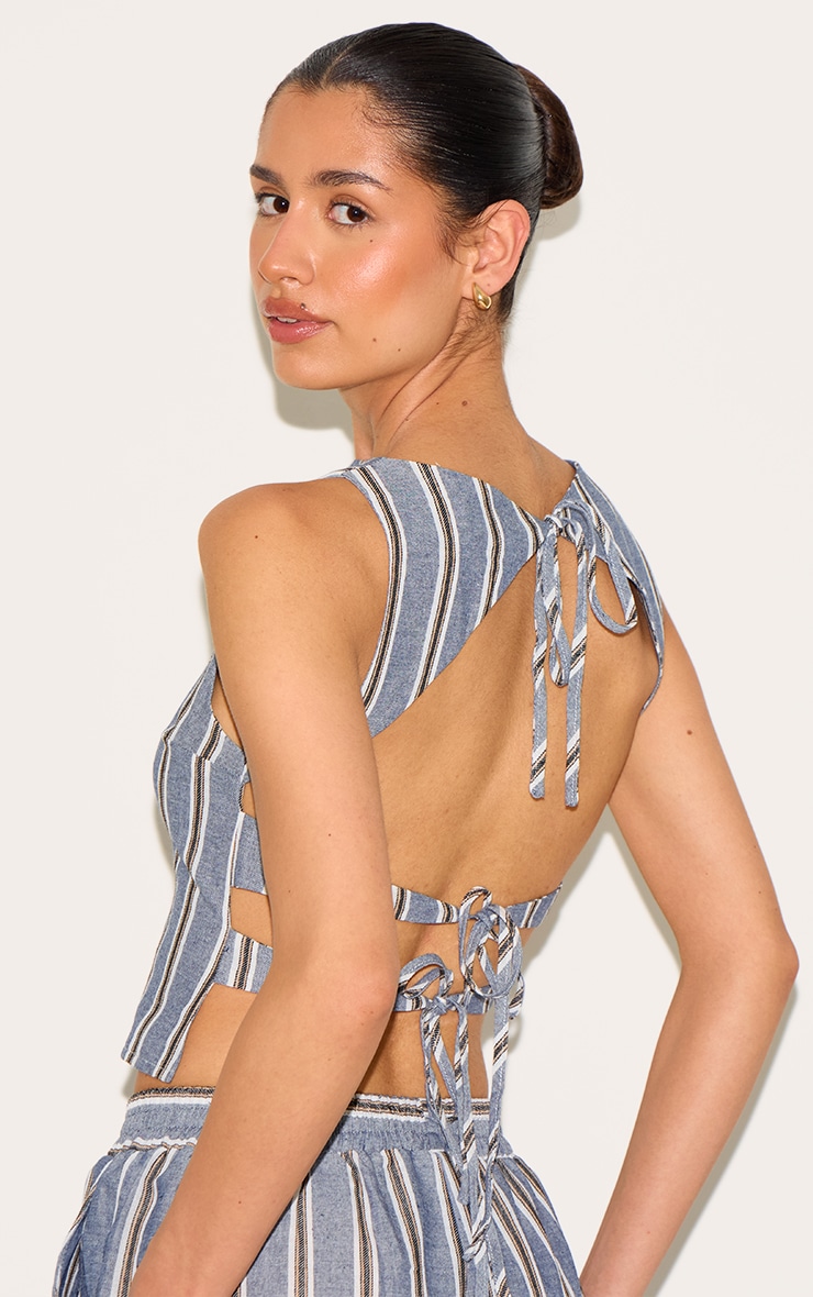 Tall Blue Linen Look Striped Open Back Sleeveless Top image 4