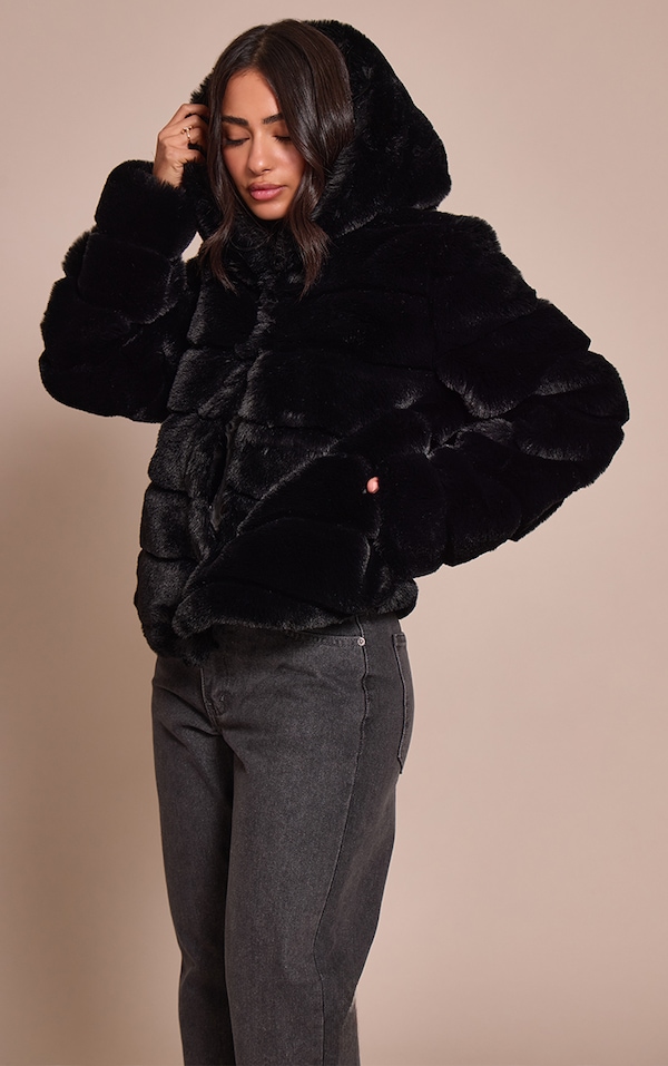 Petite Black Faux Fur Hooded Oversized Coat