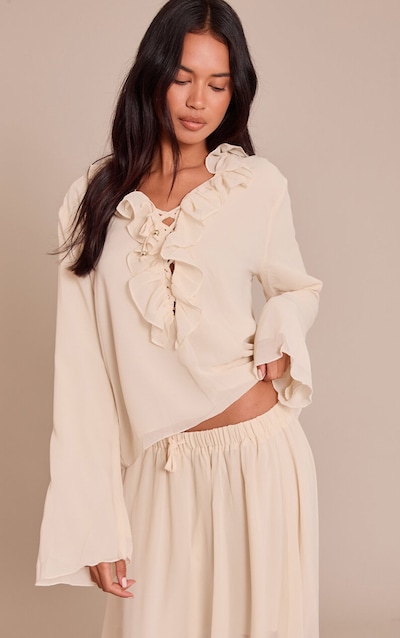 Cream Chiffon Frill Long Sleeve Top