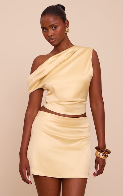 Lemon Satin One Shoulder Cowl Asymmetrical Top