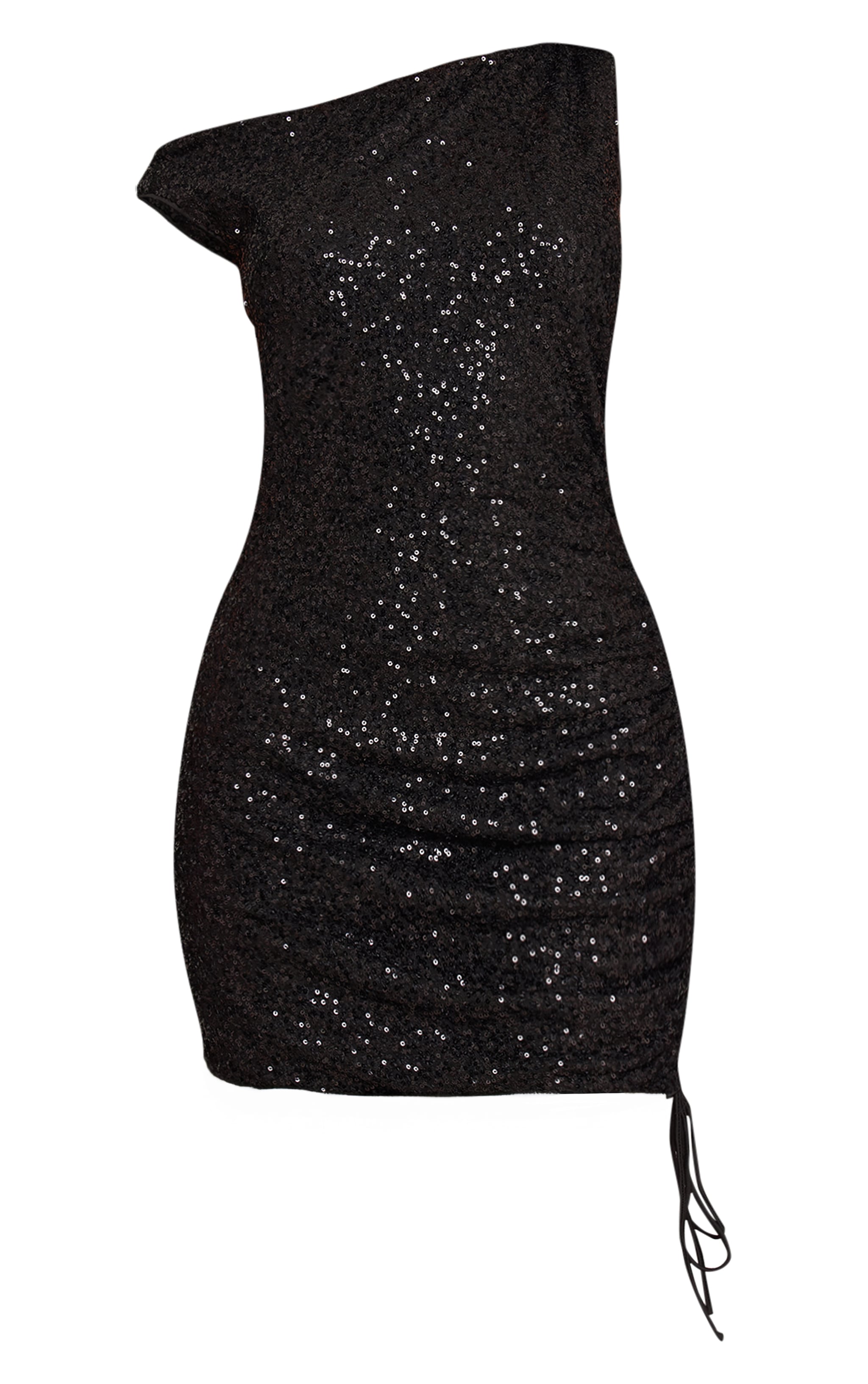 Black Sequin One Shoulder Ruched Mini Dress image 5