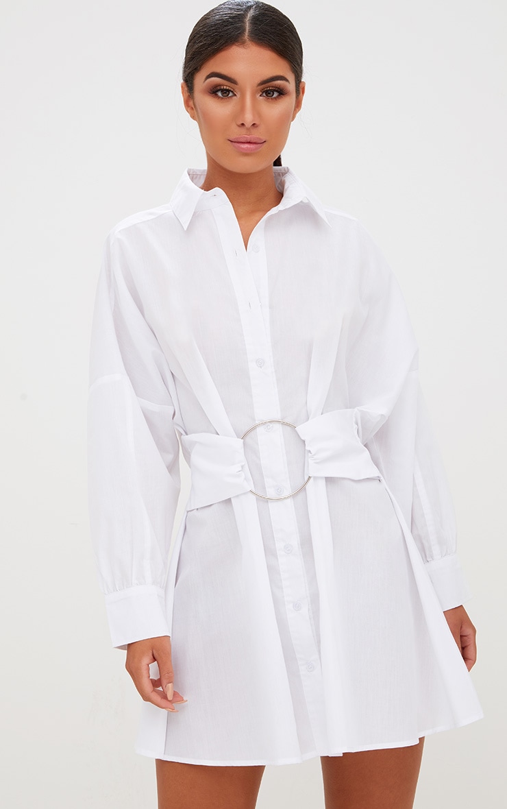 White Ring Waist Detail Shirt Dress 1