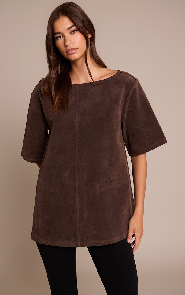 Dark Chocolate Faux Suede Oversized Boxy Detail Structured Top 