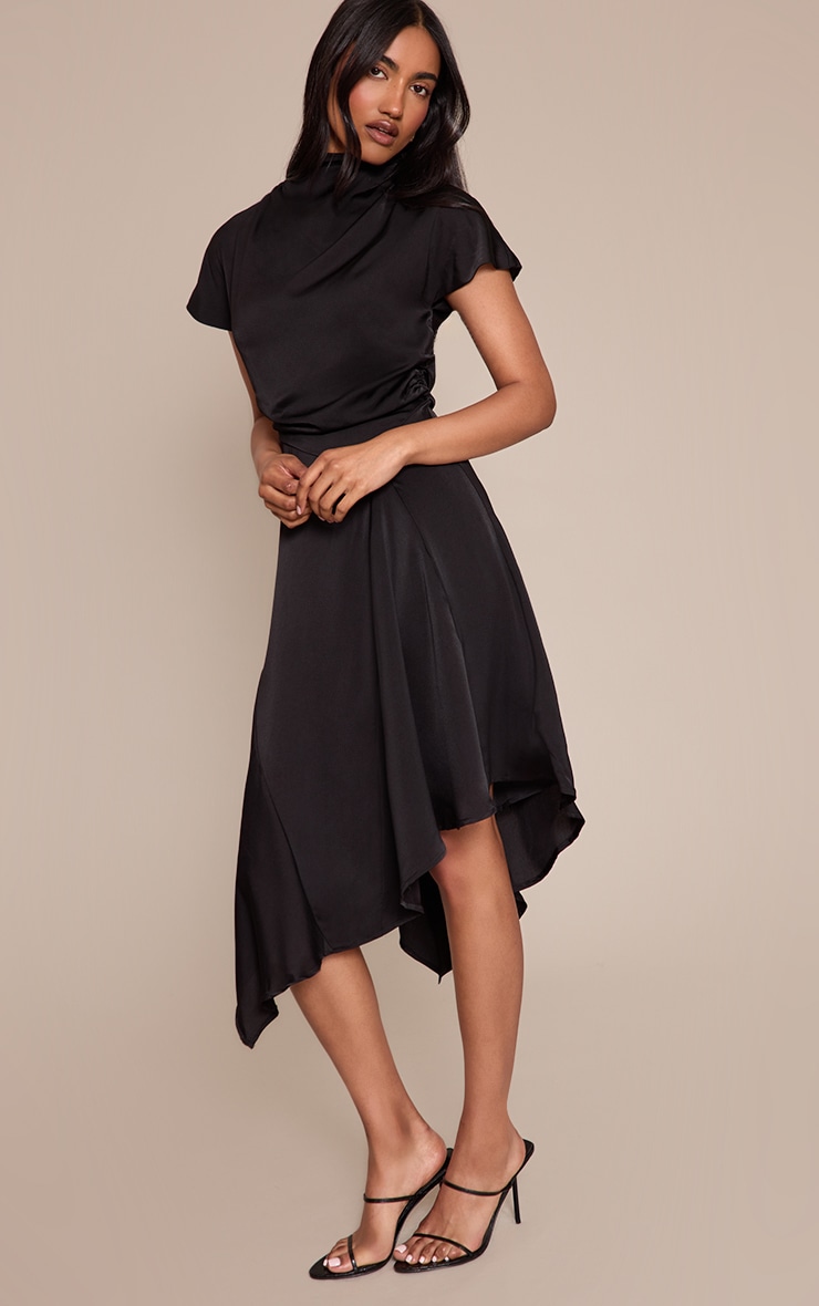 Black Satin Draped Hanky Hem Midaxi Dress image 3