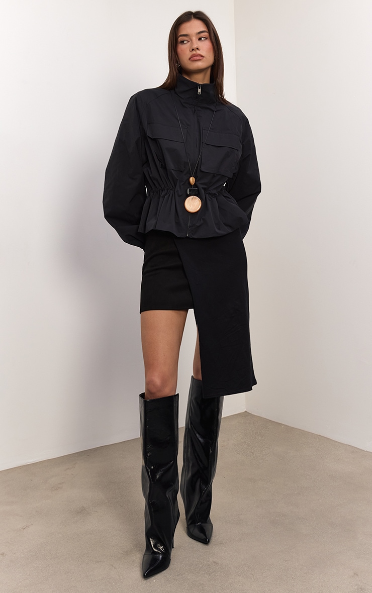 Black Cinch Waist Pocket Detail Rain Coat image 3