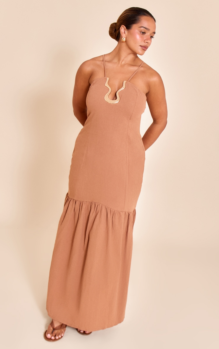 Shape Mocha Linen Gold Wave Trim Dropped Hem Maxi Dress image 3