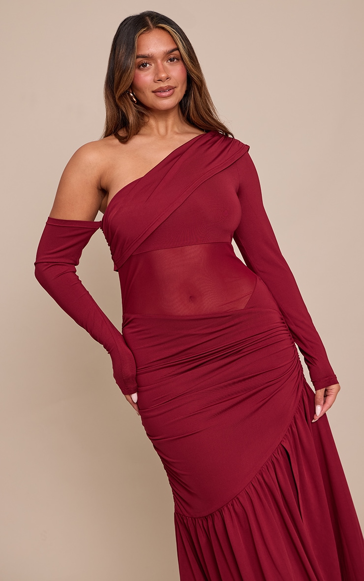 Shape Burgundy Mesh Detail Bardot Asym Maxi Dress image 4