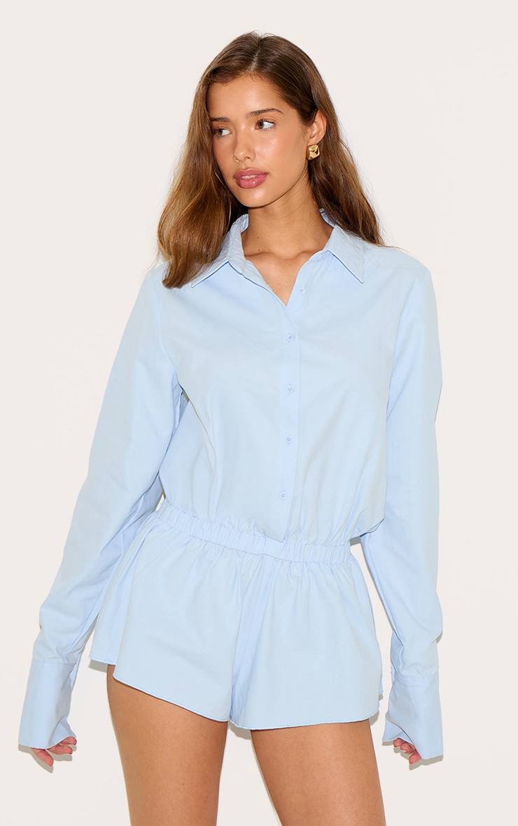 Sky Blue Cotton Ruched Tiered Skort Shirt Romper image 1