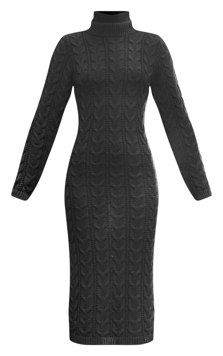 Robe mi-longue noire en maille tricot torsadé à col roulé image 5