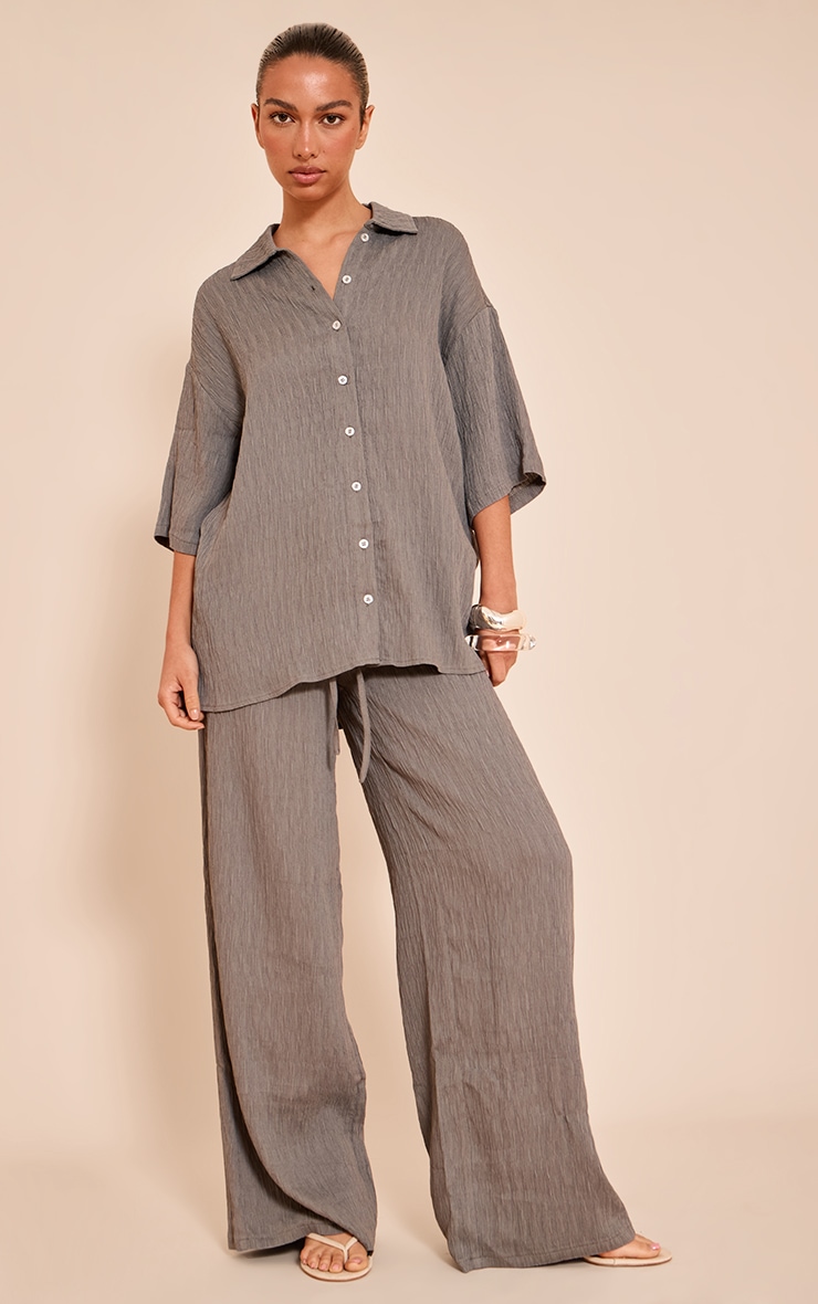 Charcoal Textured Woven Drawstring Wide Leg Pants image 1
