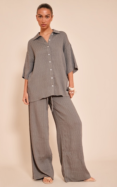 Charcoal Textured Woven Drawstring Wide Leg Pants