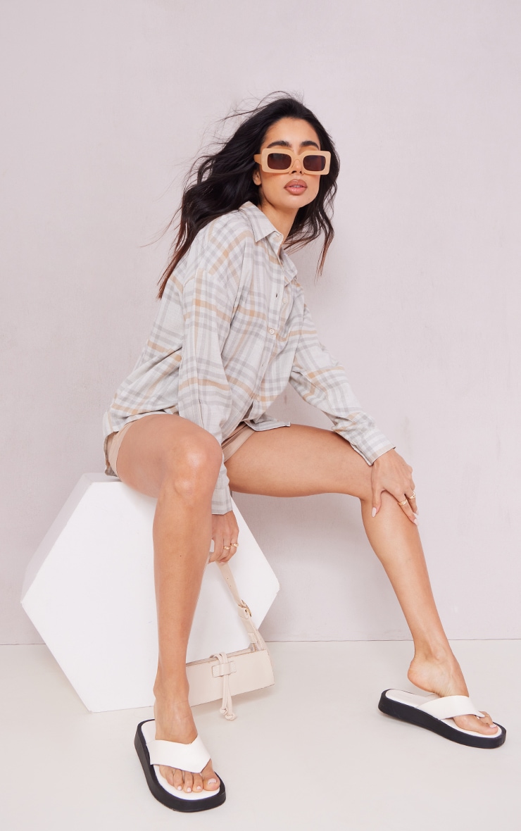 Beige Linen Feel Check Oversized Shirt image 3