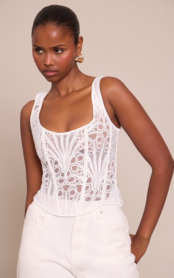 White Textured Sheer Floral Square Neck Lace Up Corset image 4