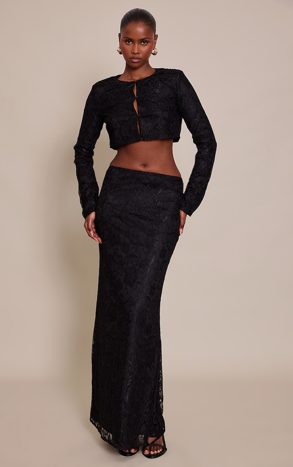 Black Lace Mid Rise Maxi Skirt
