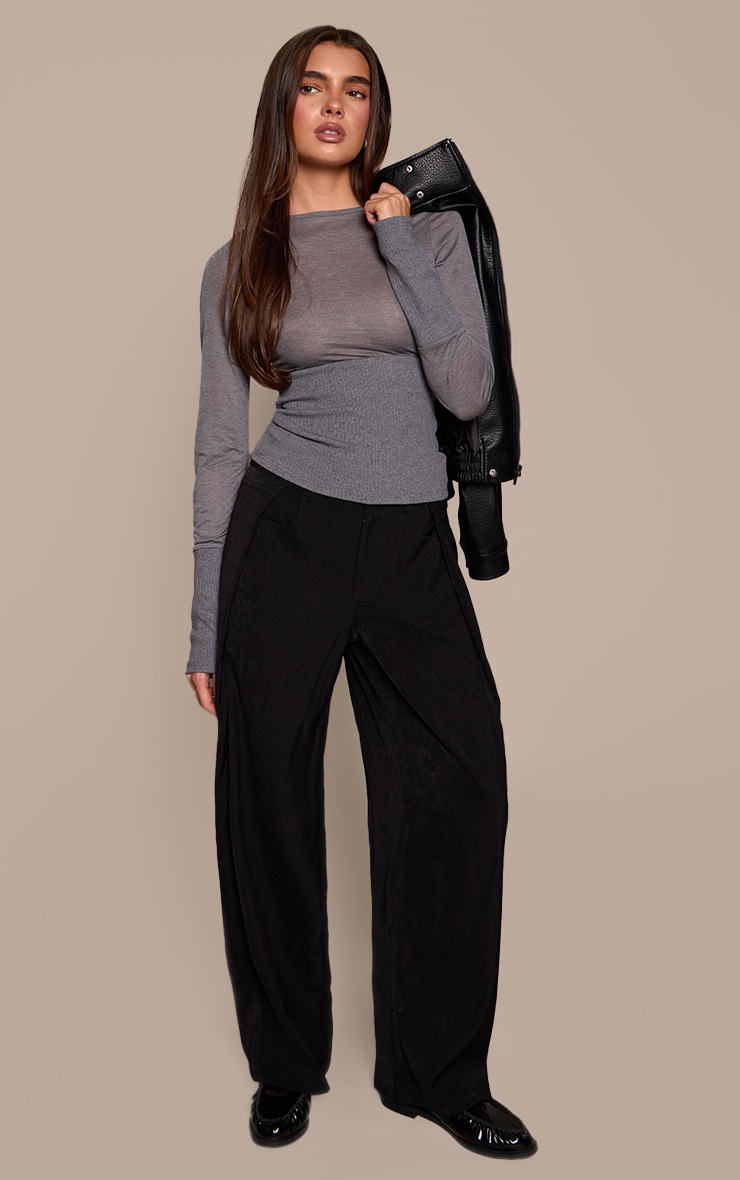 Grey Contrast Jersey Rib Long Sleeve Fitted Top image 3