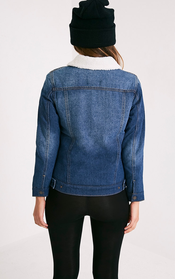 Daariela Mid Wash Shearling Lined Denim Jacket PrettyLittleThing