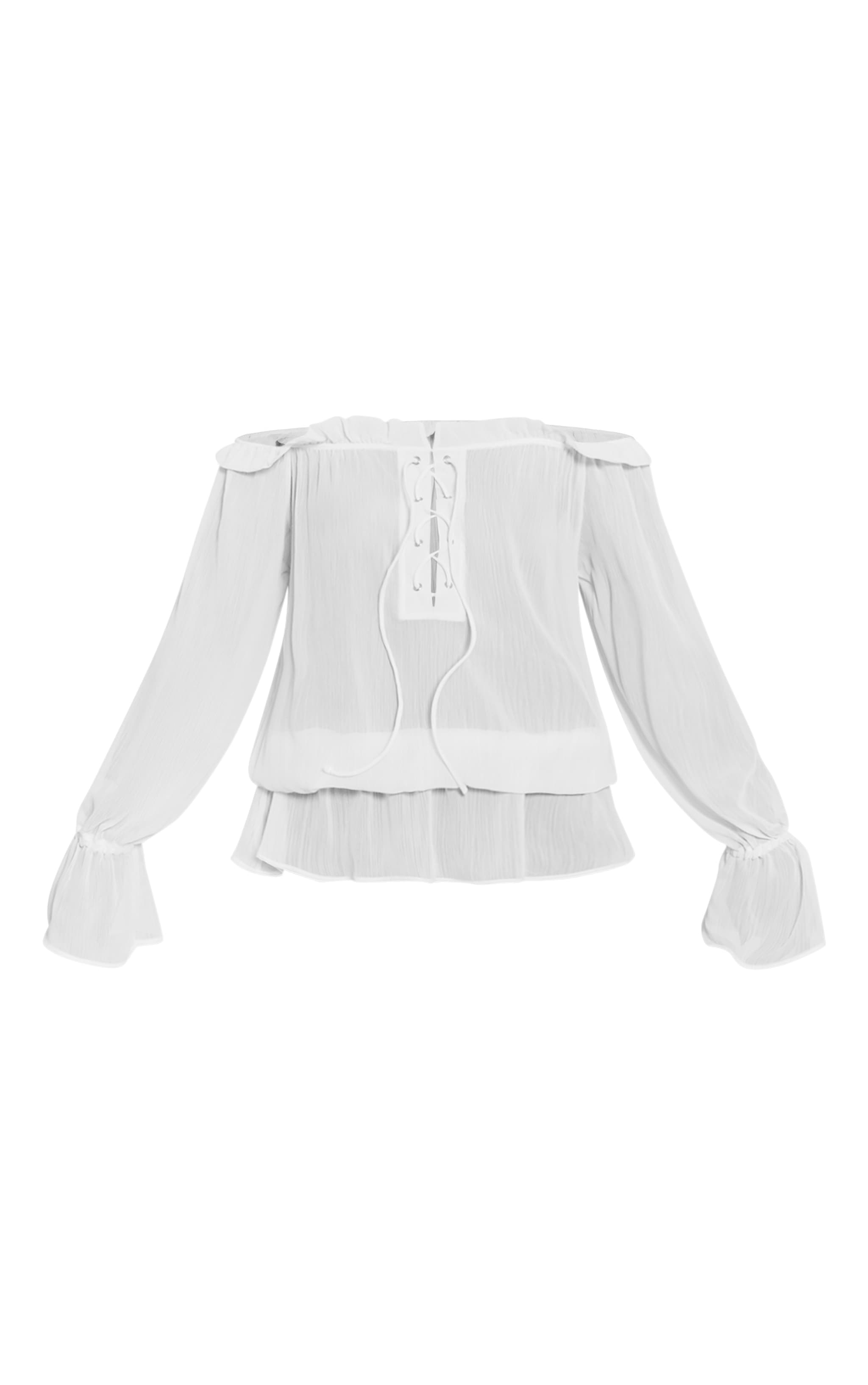 Cream Chiffon Lace Up Detail Bardot Long Sleeve Top image 5