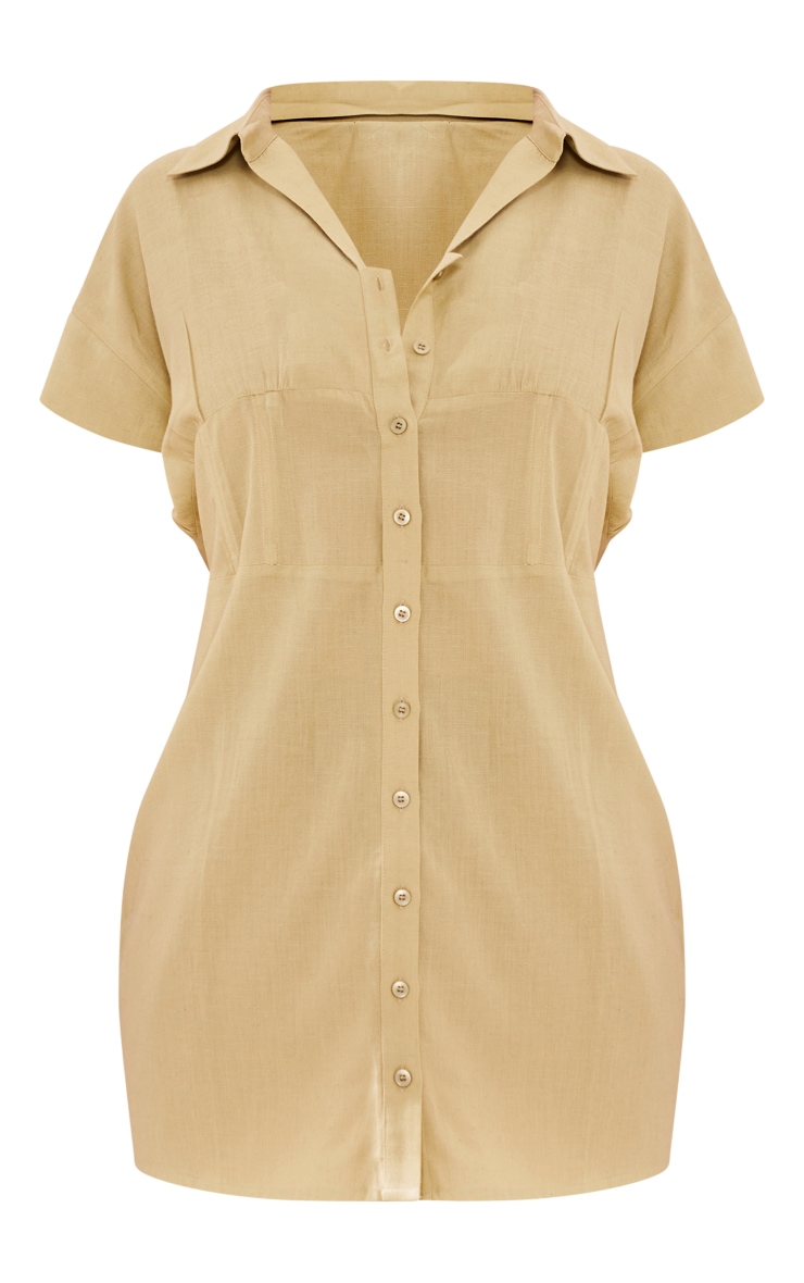 Plus Sage Green Linen Short Sleeve Shirt Dress PrettyLittleThing