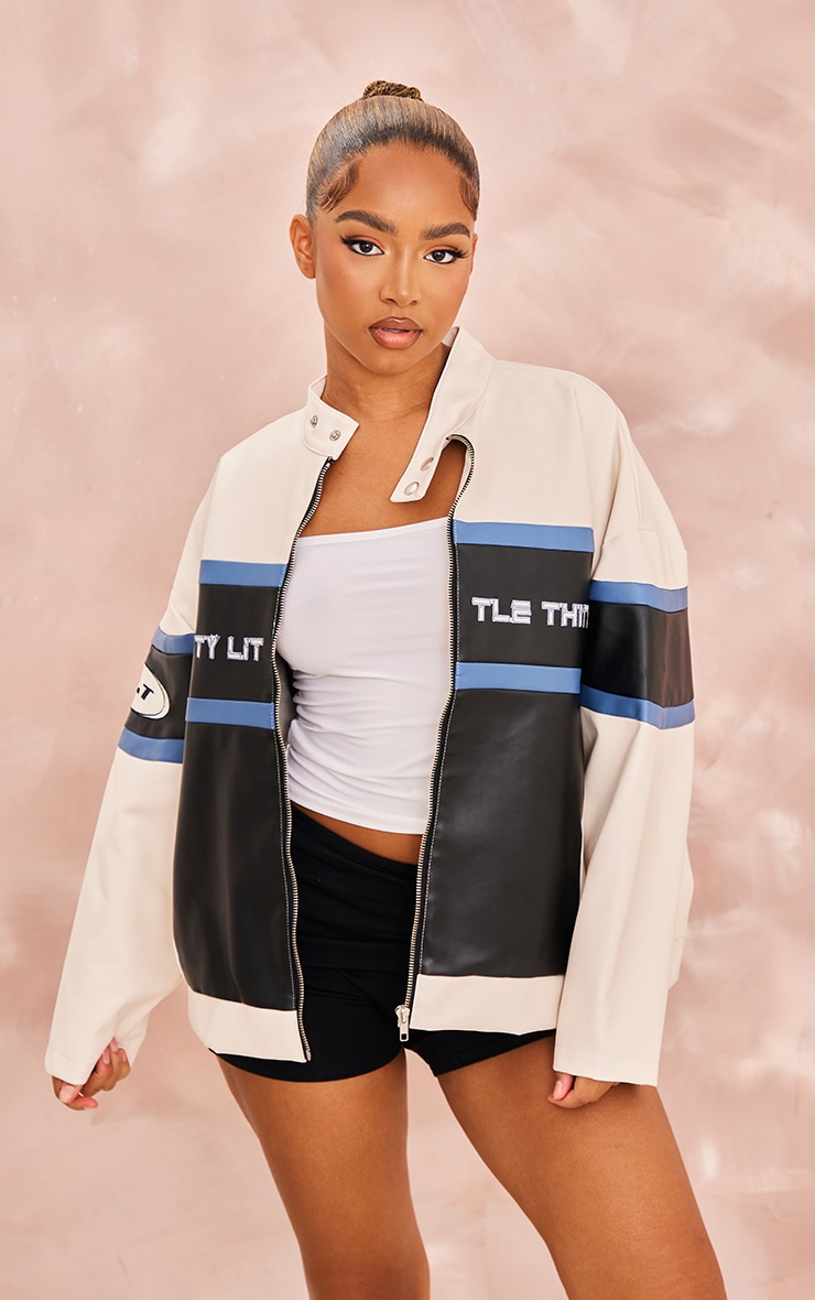 Petite Cream Pu Racer Jacket Petite PrettyLittleThing USA