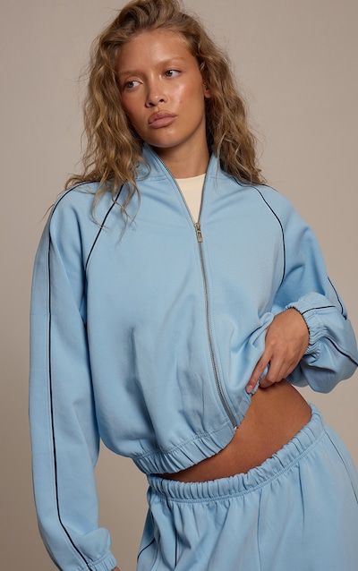 Blue Interlock Contrast Piping Bomber Sweatshirt