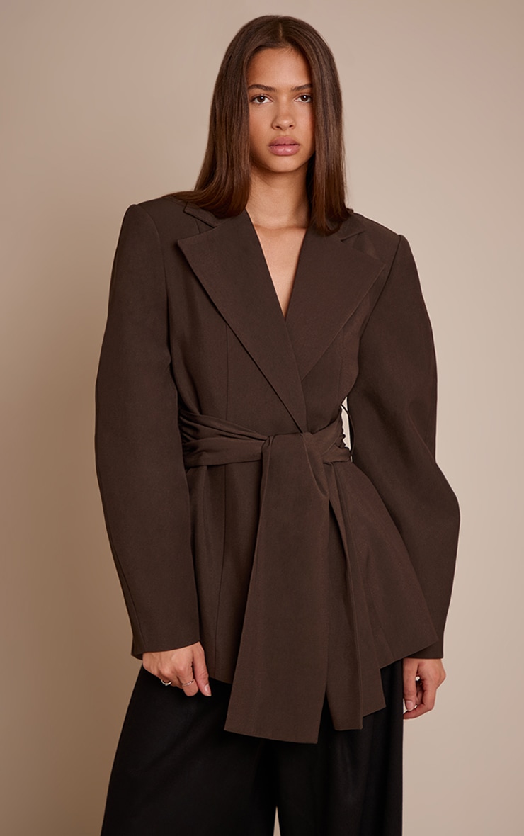 Chocolate Gathered Wrap Waist Belted Blazer image 1