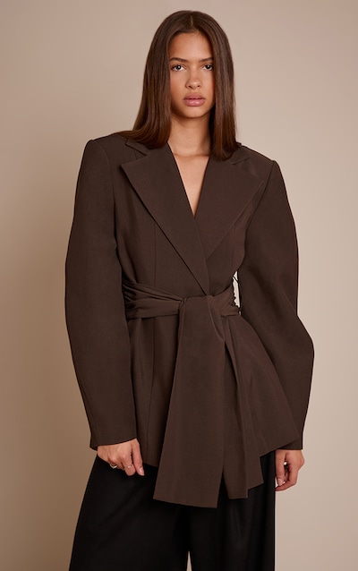 Chocolate Gathered Wrap Waist Belted Blazer