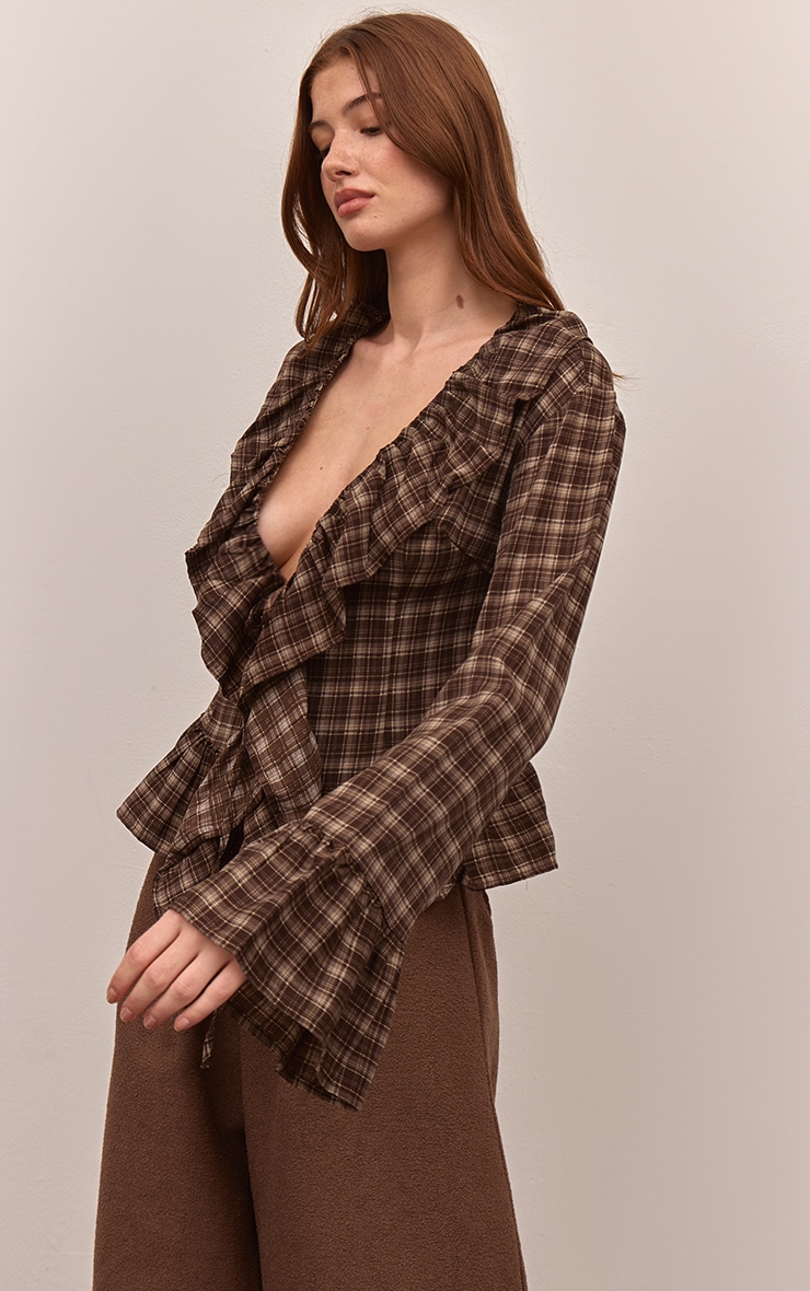 Brown Check Print Ruffle Blouse image 4