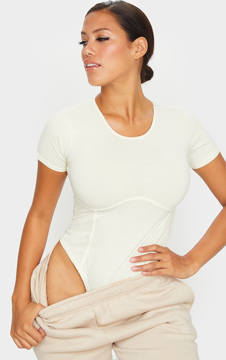 Shape Cream Cotton Binding Detail Short Sleeve Bodysuit