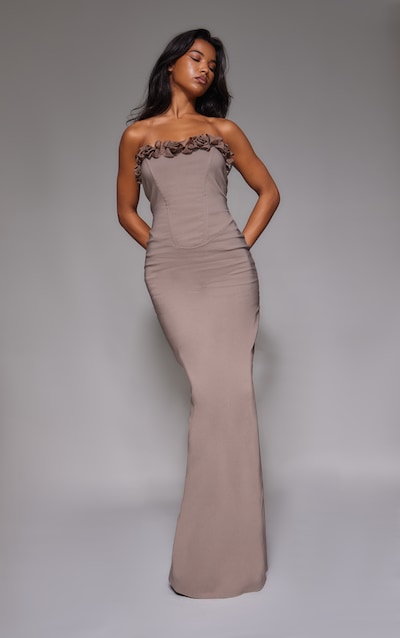 Mocha Stretch Woven Rosette Bandeau Maxi Dress