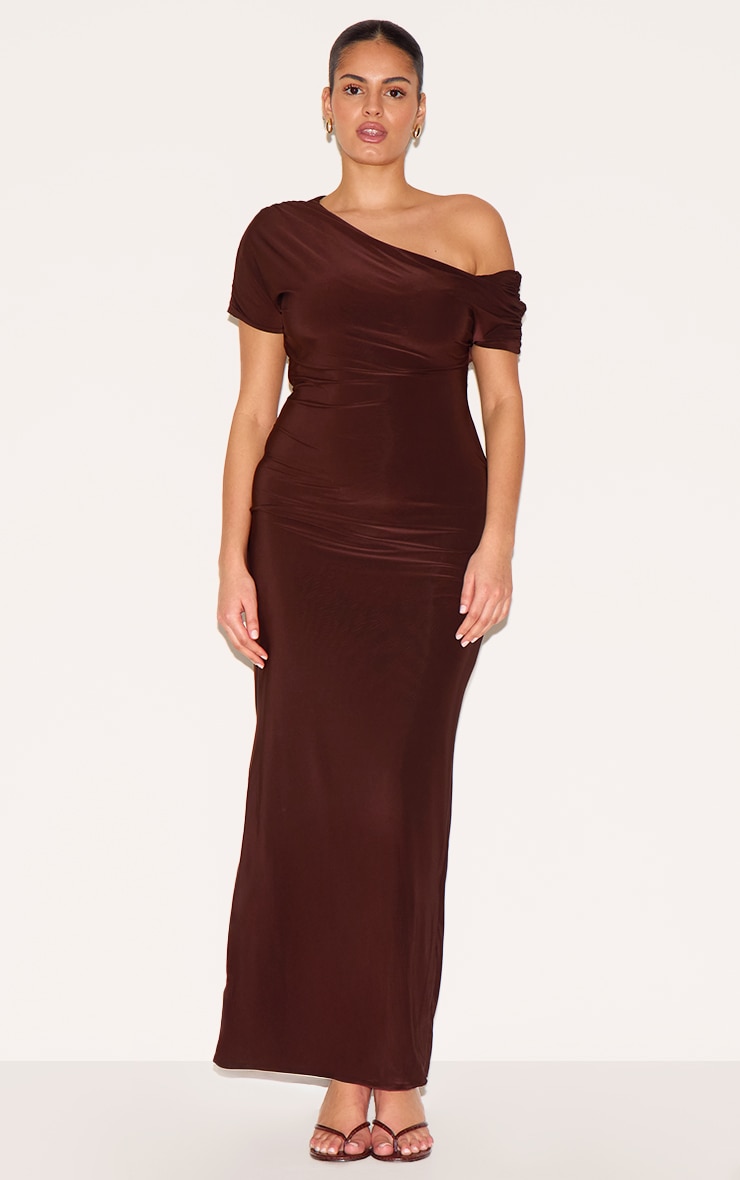 Plus Dark Chocolate Double Layer Slinky Asymmetric Ruched Sleeve Maxi Dress image 1