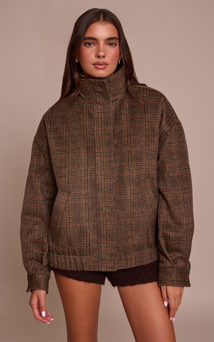 Brown Checked Funnel Neck Bomber Jacket image 1