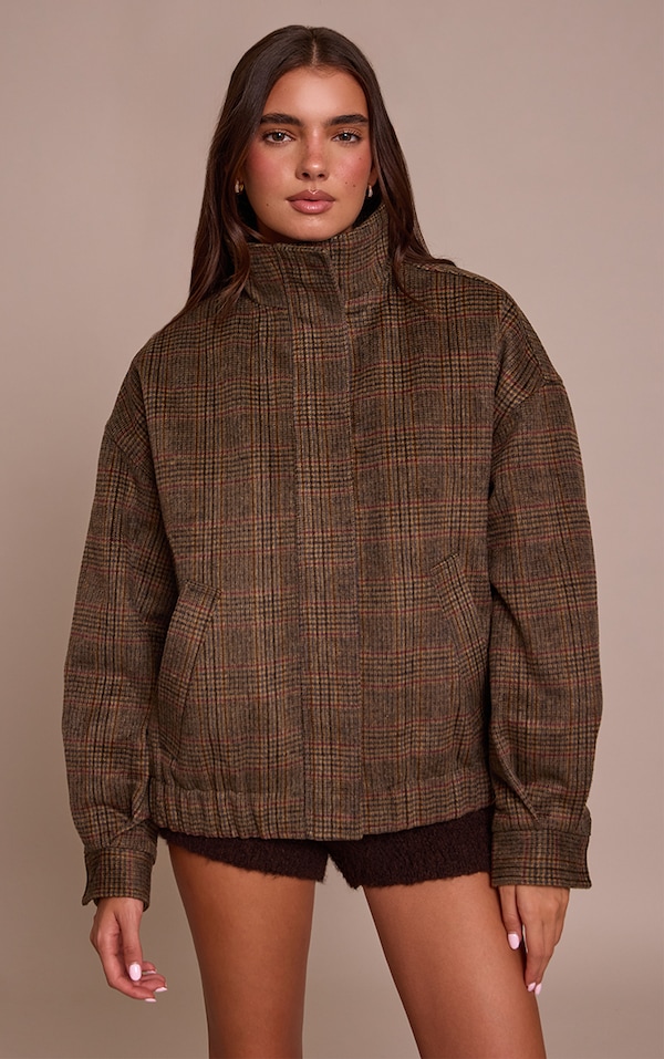 Brown Checked Funnel Neck Bomber Jacket