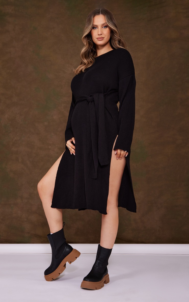 Maternity Black Tie Front Knitted Midi Dress image 3