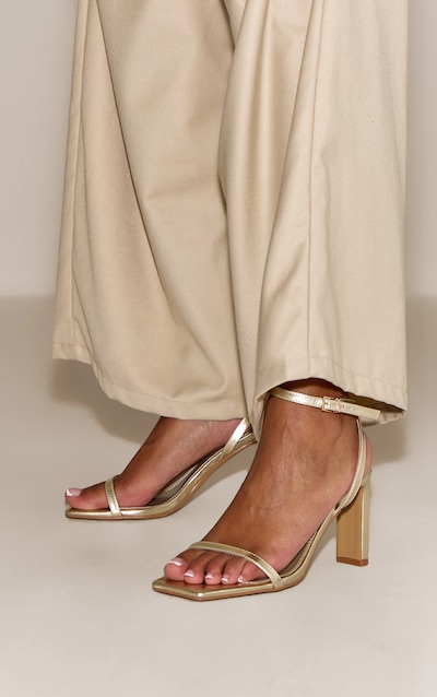 Wide Fit Gold Square Toe Slim Block Heel Barely There Sandal