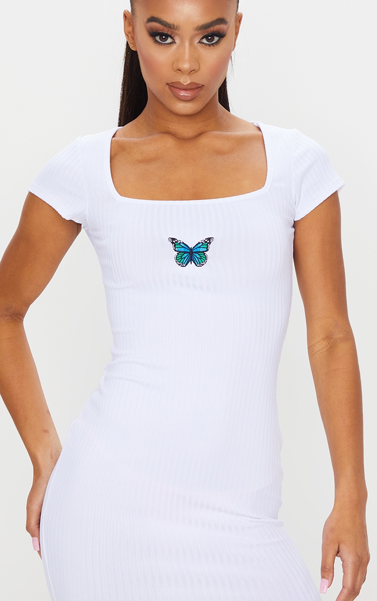 White Butterfly Embroidery Rib Square Neck Bodycon Dress image 4