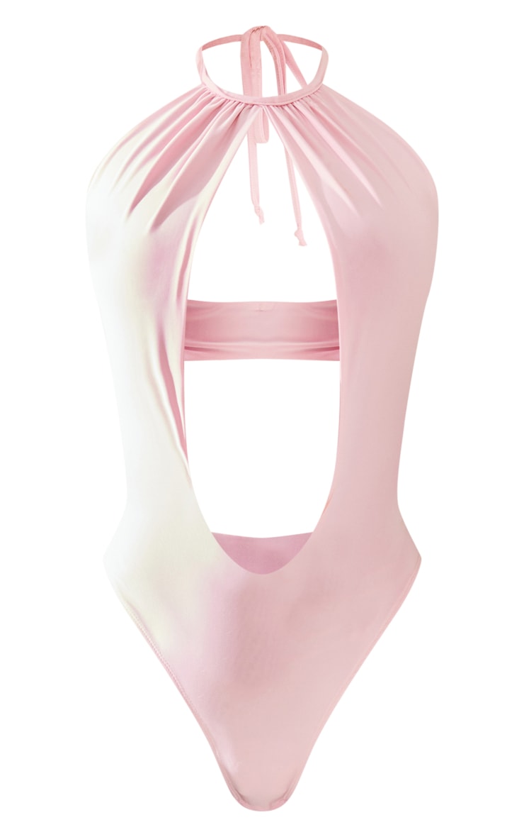 Baby Pink Twist Cut Out Halter Neck Bodysuit Tops PLT KSA