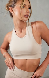 PRETTYLITTLETHING Taupe Light Luxe Cross Back Sports Bra 1