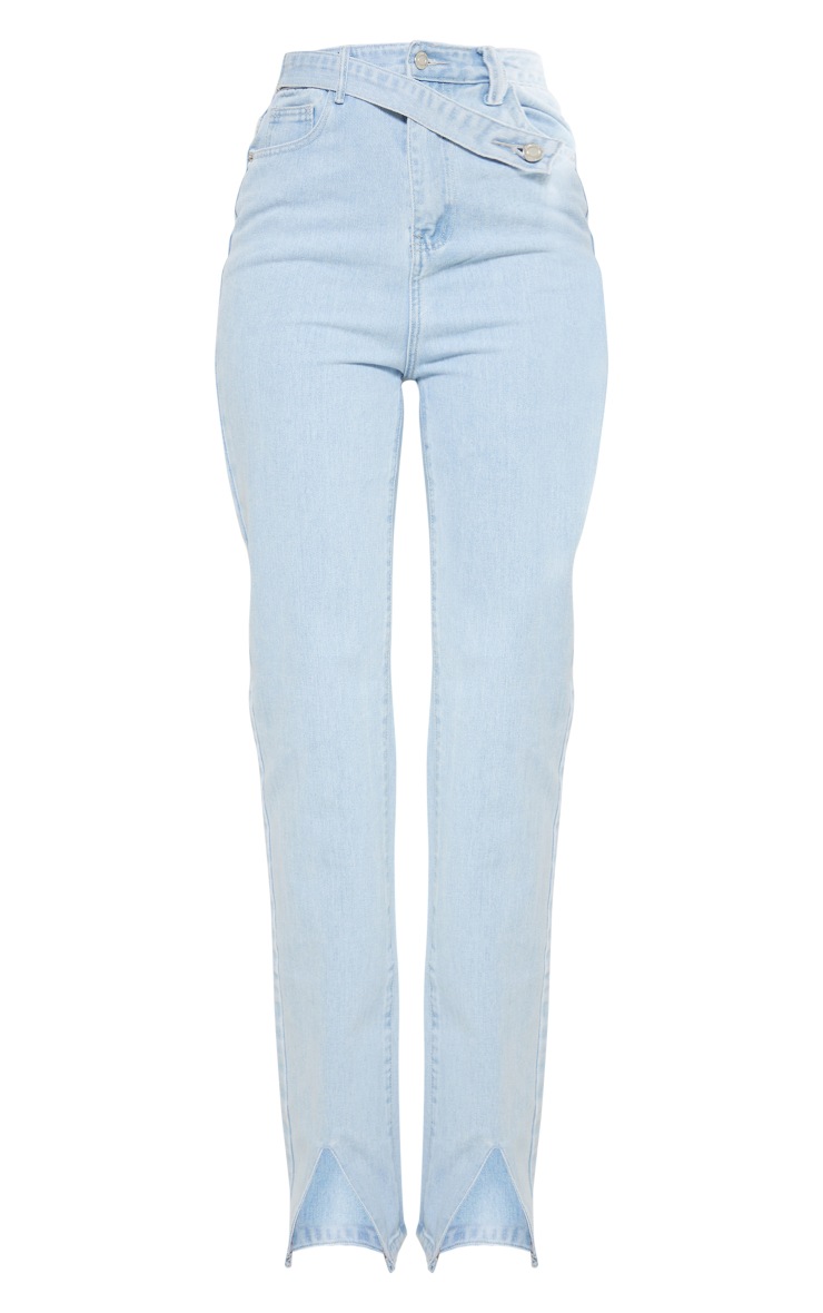 Tall Light Blue Split Hem Jeans With Asymetric Strap image 5