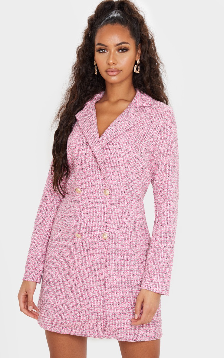 Pink Tweed Gold Button Blazer Dress