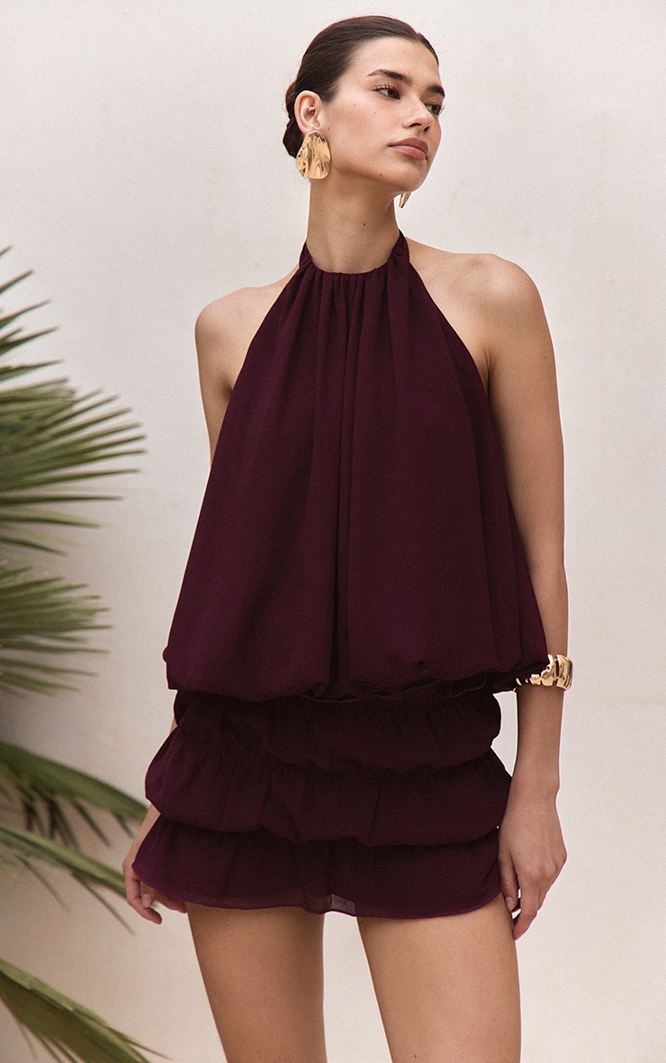 Dark Plum Chiffon Ruched Mini Skirt | Co-ords