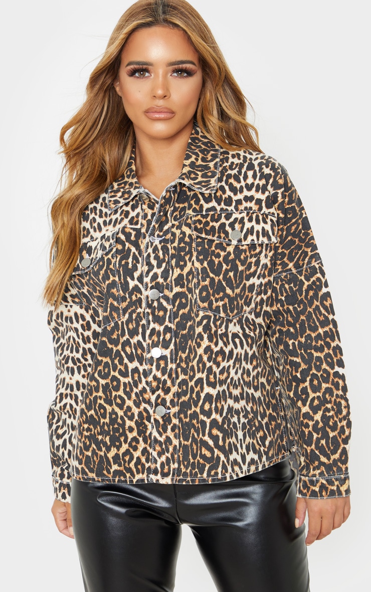 Petite Tan Leopard Oversized Denim Shirt
