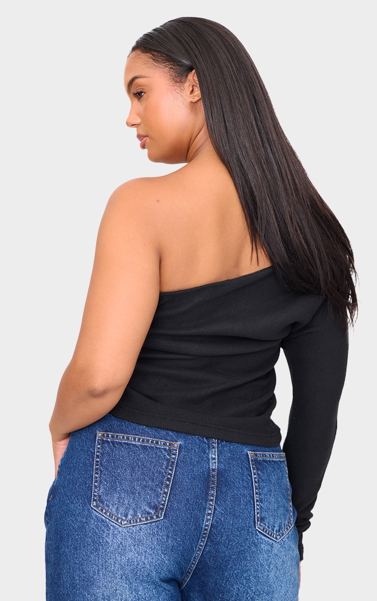 Plus Black Brushed Rib Asymmetric Shoulder Long Top image 2