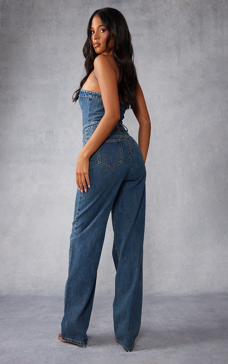 Tall Indigo Vintage Wash Bandeau Straight Leg Denim Jumpsuit image 2
