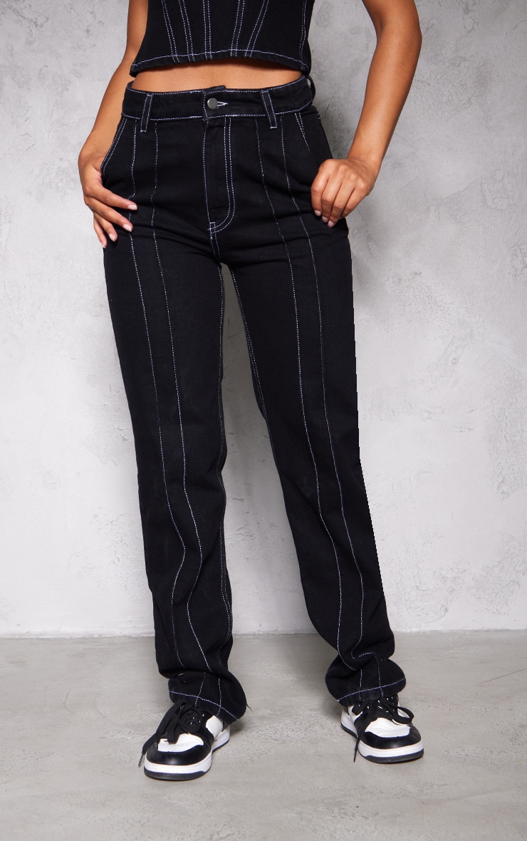 Black Contrast Seam Detail Straight Leg Jeans image 2