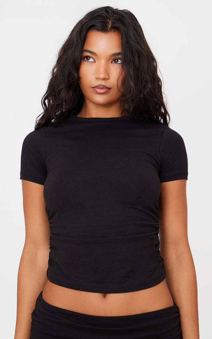 Black Cotton Side Cap Sleeve Ruched Top image 4