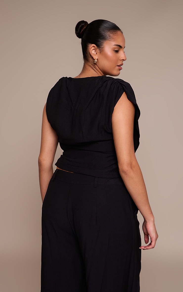 Plus Black Woven Ruched Shoulder Cowl Neck Top  image 2