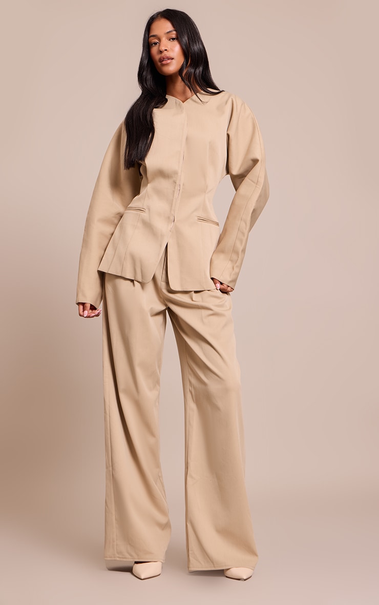 Tall Sand Premium Woven Tailored Collarless Blazer image 3