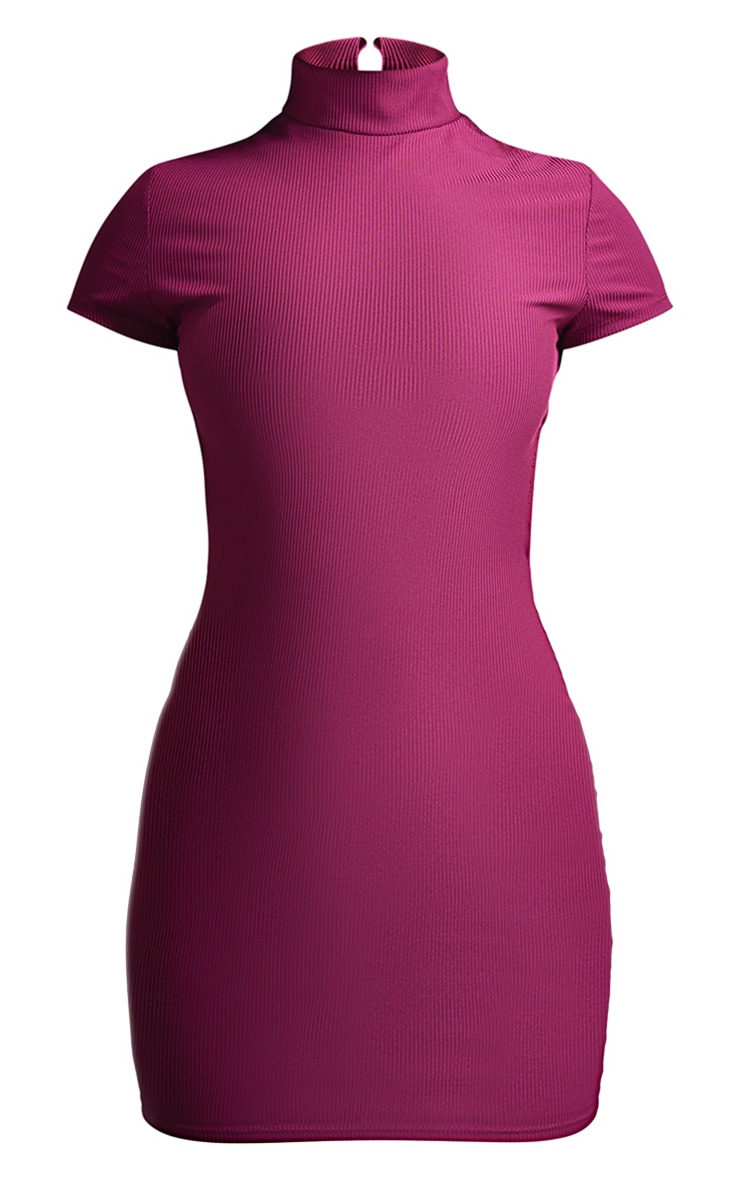 Burgundy Ribbed High Neck Cut Out Waist Bodycon Dress image 5