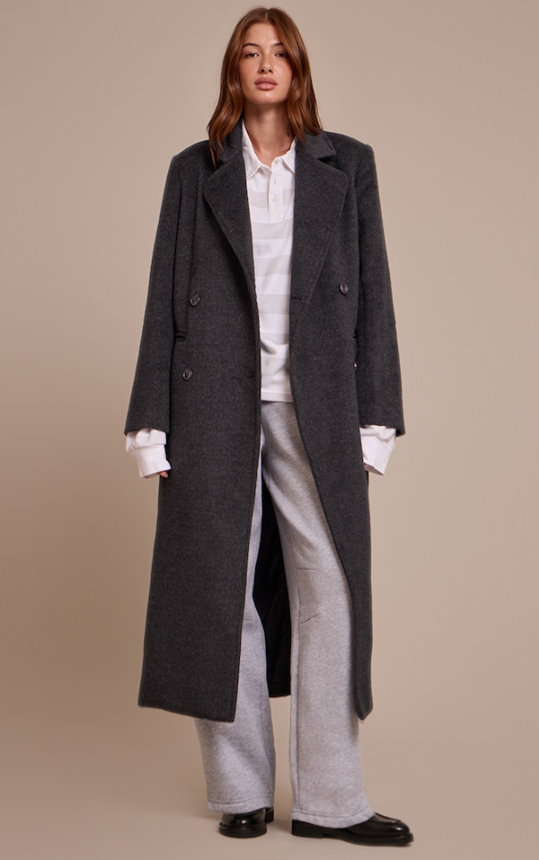 Dark Grey Structured Double Breasted Wool Look Maxi Coat