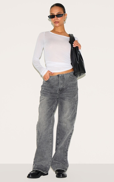 Petite Grey Denim Mid Rise Invisible Waistband Wide Leg Jeans